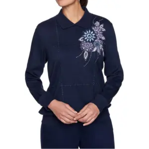 Alfred Dunner Women's Plus-Size Flower Embroidered Collard Neckline Top